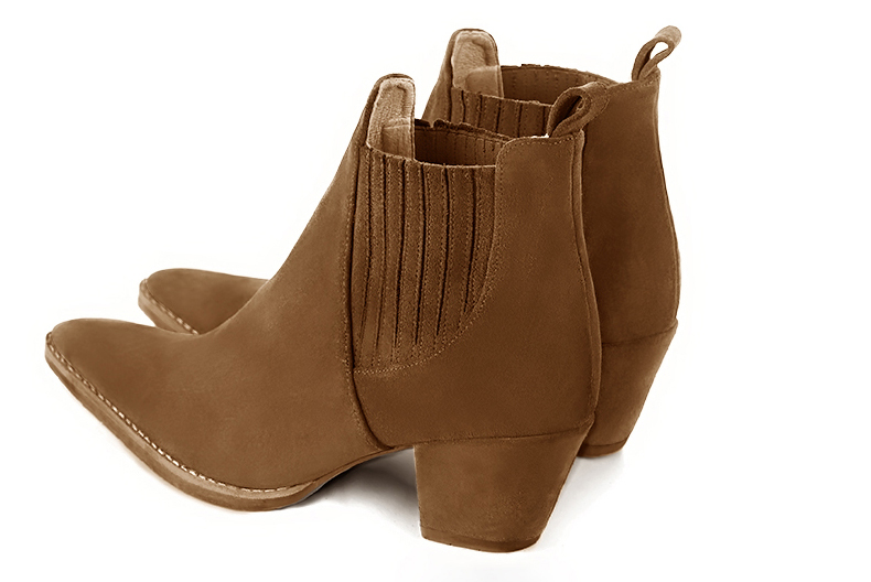 Caramel brown women's ankle boots, with elastics. Tapered toe. Medium cone heels. Rear view - Florence KOOIJMAN